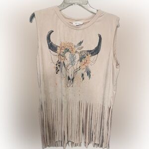 Fringe Sleeveless Top with Floral Skull Design